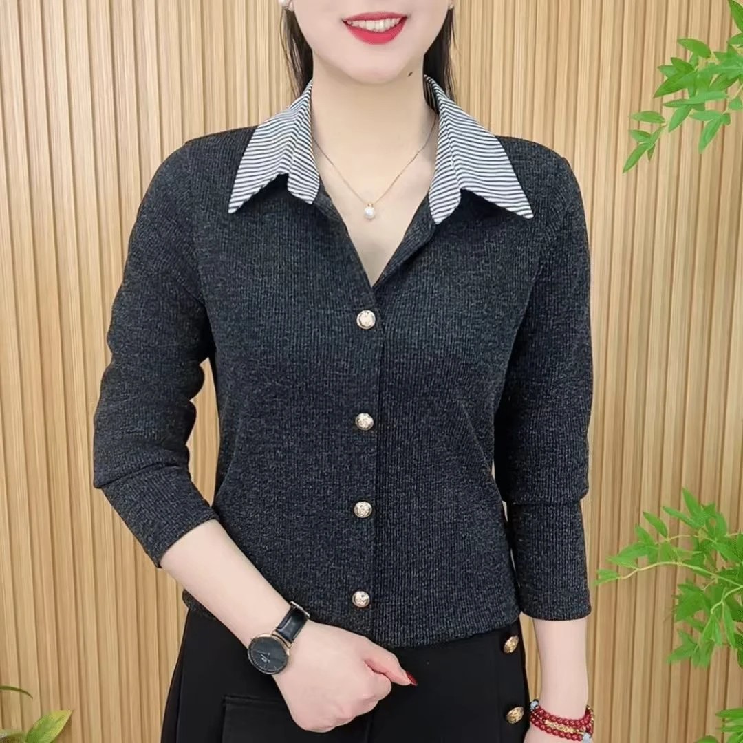 梦鲸好物女装2025新款休闲打底衫女时尚撞色翻领长袖衬衫显瘦a87