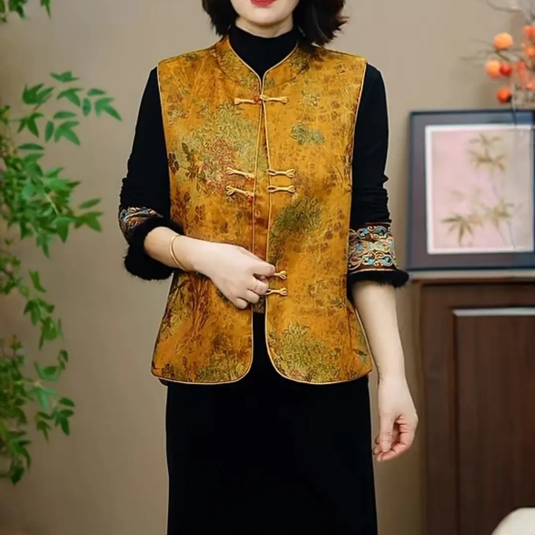 祈月晴服装商行女纽扣复古春秋季民族风中国风薄款通勤风马夹立a5