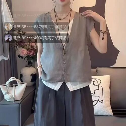 路途女装假两件V领正肩短袖衬衫2026夏季女士宽松衬衣高级感上a4