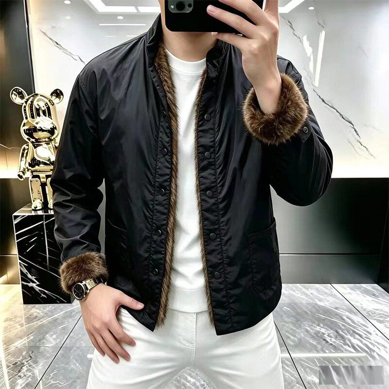 男士立领棉服秋冬新款仿皮草内衬保暖外套休闲防风夹克衫男装a2