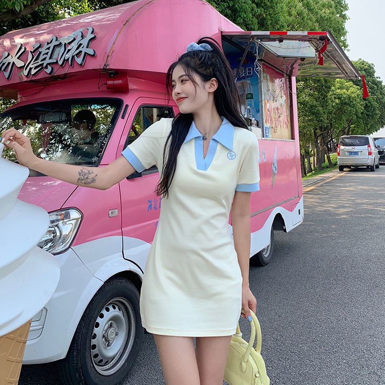 拼色polo领连衣裙夏季韩版2022新款纯欲风修身显瘦短袖包臀裙子女