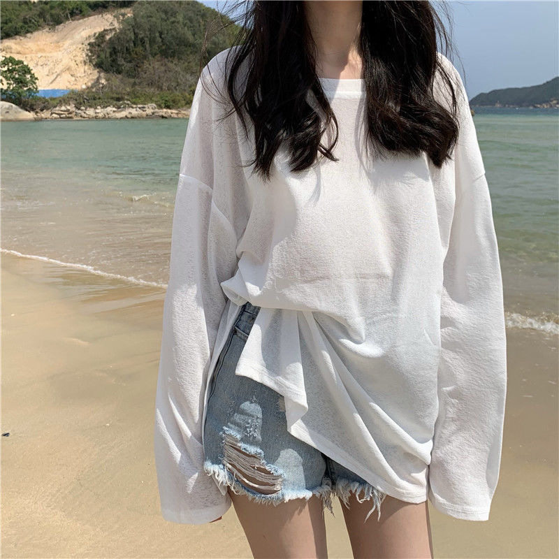 防晒衣女长袖夏季上衣薄款韩版宽松中长款白色开叉冰丝T恤