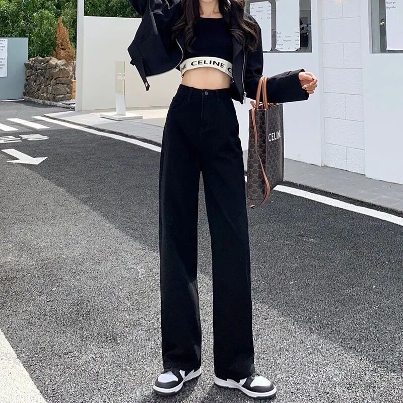 黑色高腰阔腿牛仔裤女春夏季韩版宽松显瘦直筒垂感拖地裤潮流学生