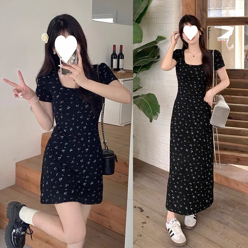 长款纯欲风复古碎花方领连衣裙女夏季修身收腰显瘦直筒裙长裙低领