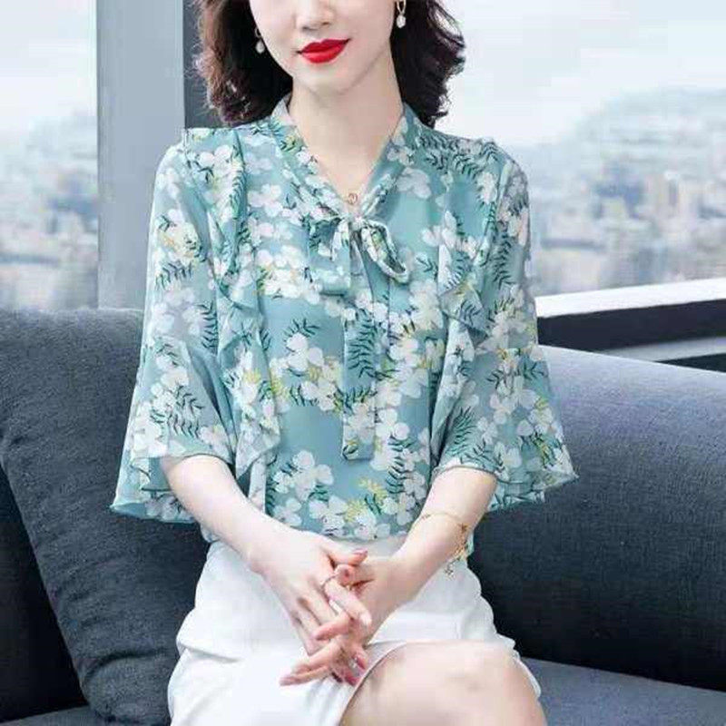 碎花雪纺衫女2022夏装新款时尚气质喇叭袖小衫超仙上衣女洋气