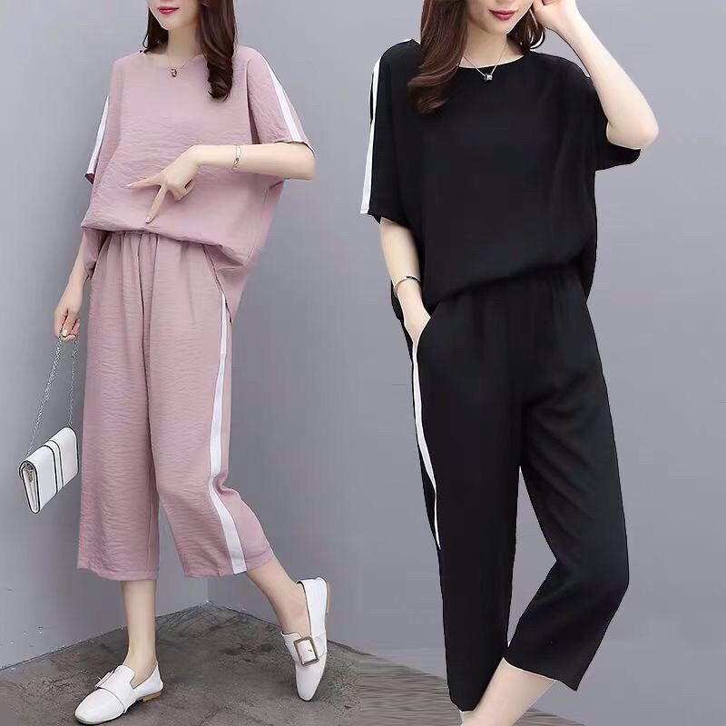 200斤大码女装夏季2022新款韩版两件套胖mm宽松休闲阔腿裤套装女