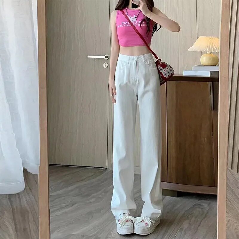 白色阔腿牛仔裤女2026春夏季宽松高腰显瘦韩版直筒垂感拖地裤学生
