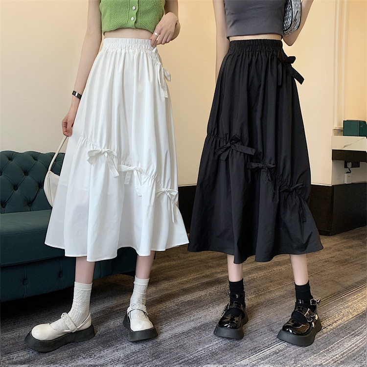 日系学院系带蝴蝶结半身裙2025新款女生高腰显瘦中长款百搭A字裙
