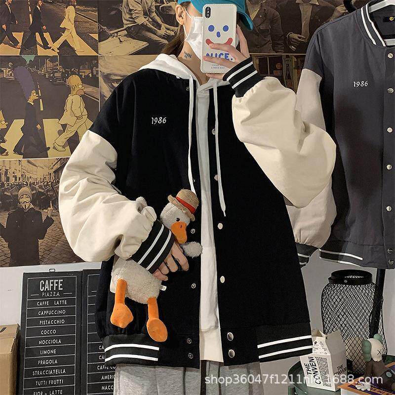 春季潮牌外套女复古港味休闲运动撞色棒球服上衣2021新款宽松夹克