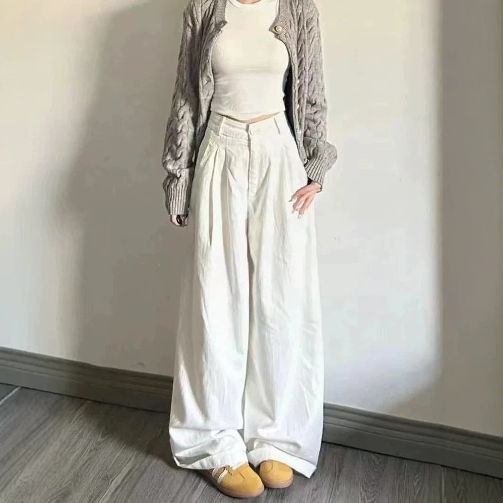 春夏款新款白色褶皱设计感阔腿牛仔裤女高腰宽松显瘦垂感拖地裤子