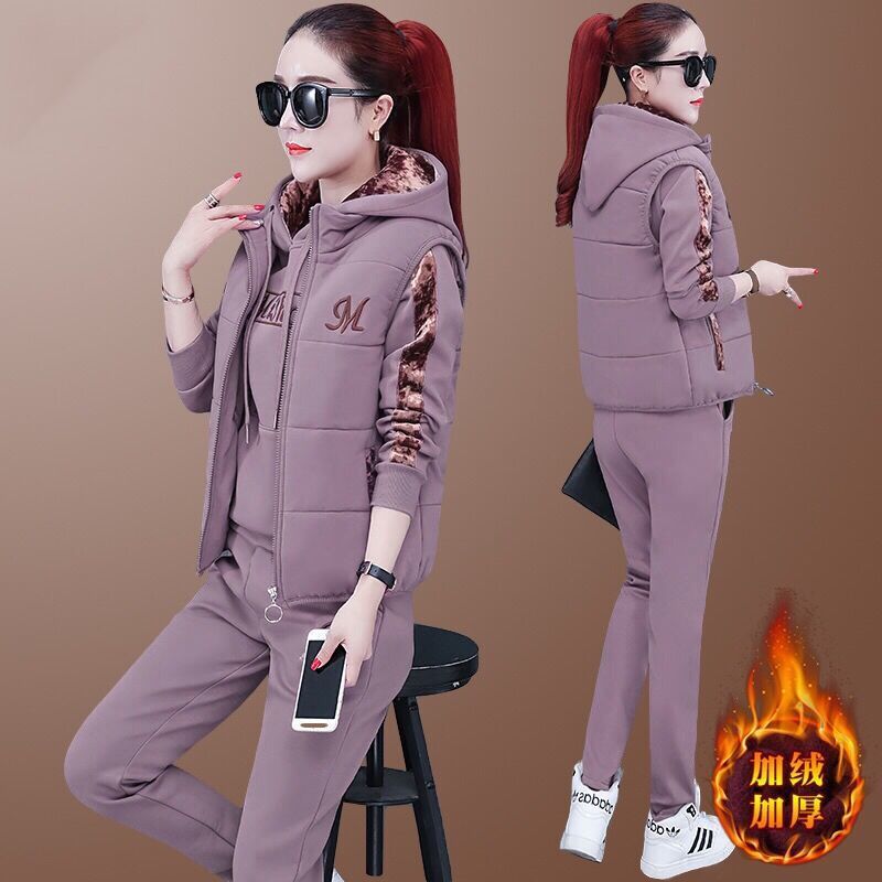 2023三件套新款女装加绒加厚冬季连帽卫衣女休闲保暖运动服时尚套