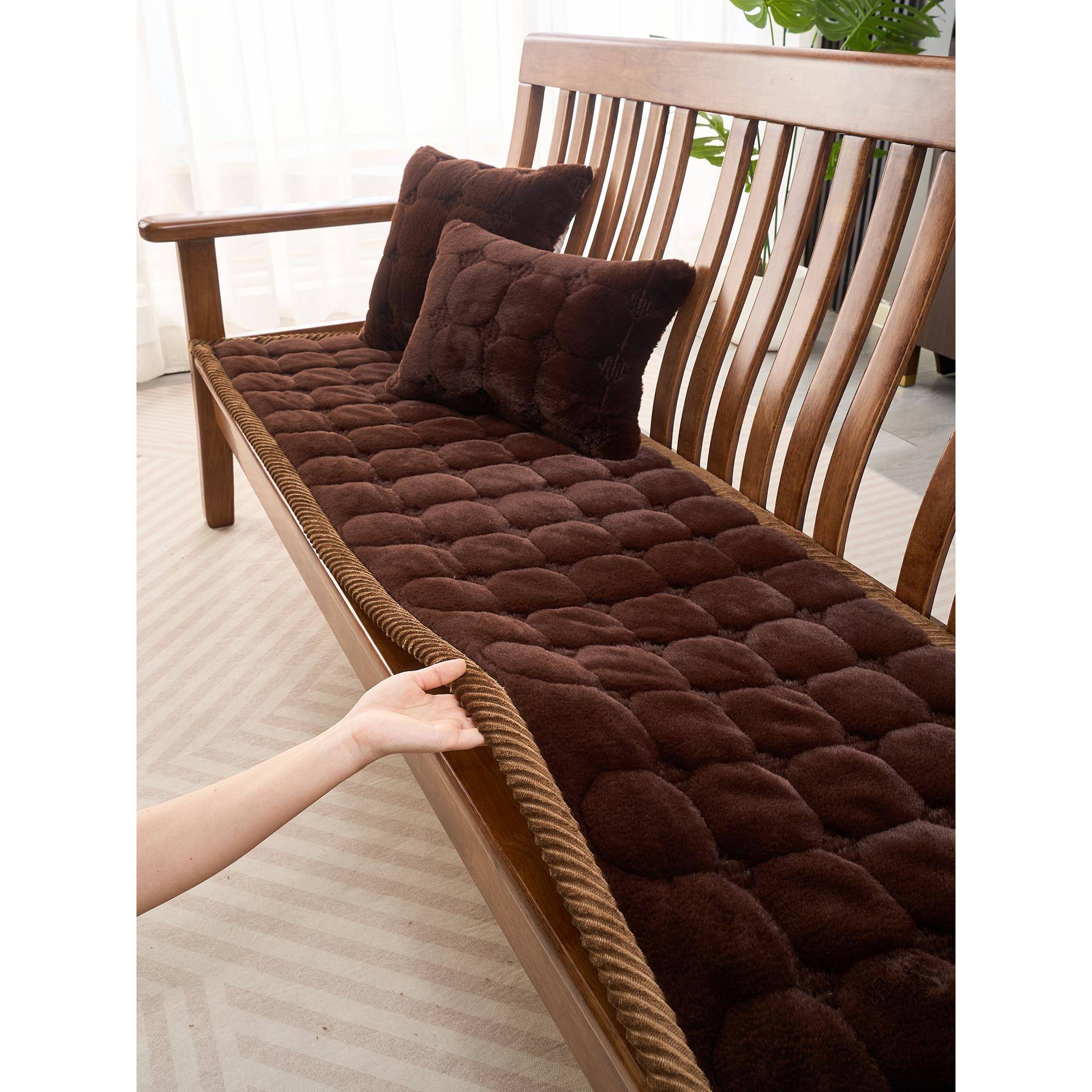 冬季加厚兔毛绒实木沙发垫防滑红木沙发垫子长条椅子座垫沙发罩套