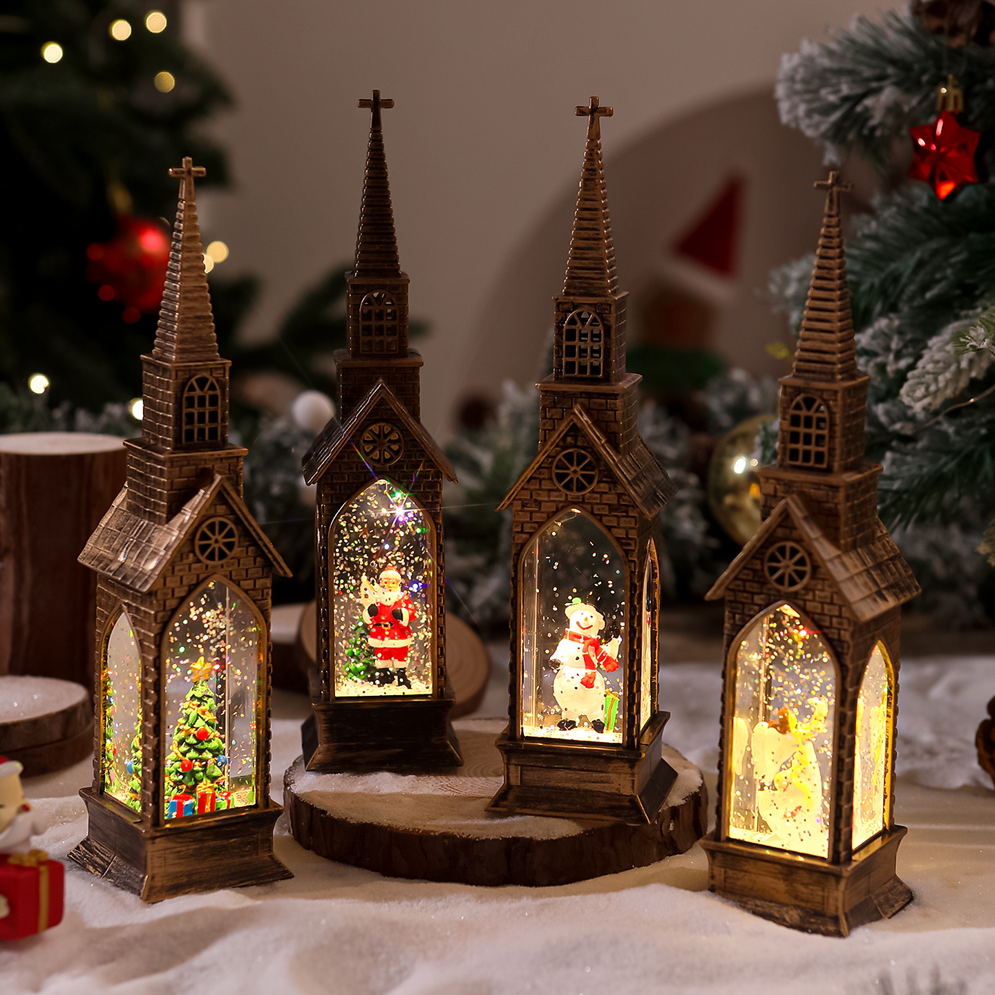 圣诞节装饰品发光复古圣诞注水教堂灯摆件氛围场景布置装饰小道具