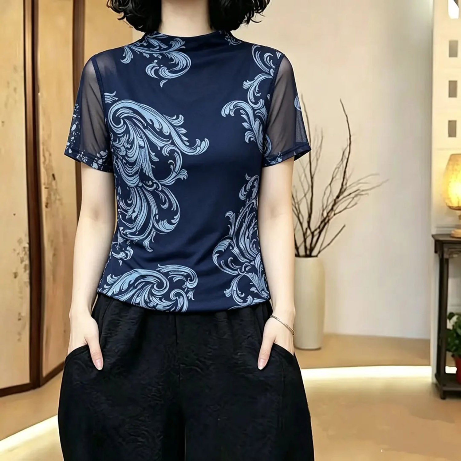 芸菲汇女装2026夏季半高领时尚显瘦短袖女士T恤网纱透气真丝上a4