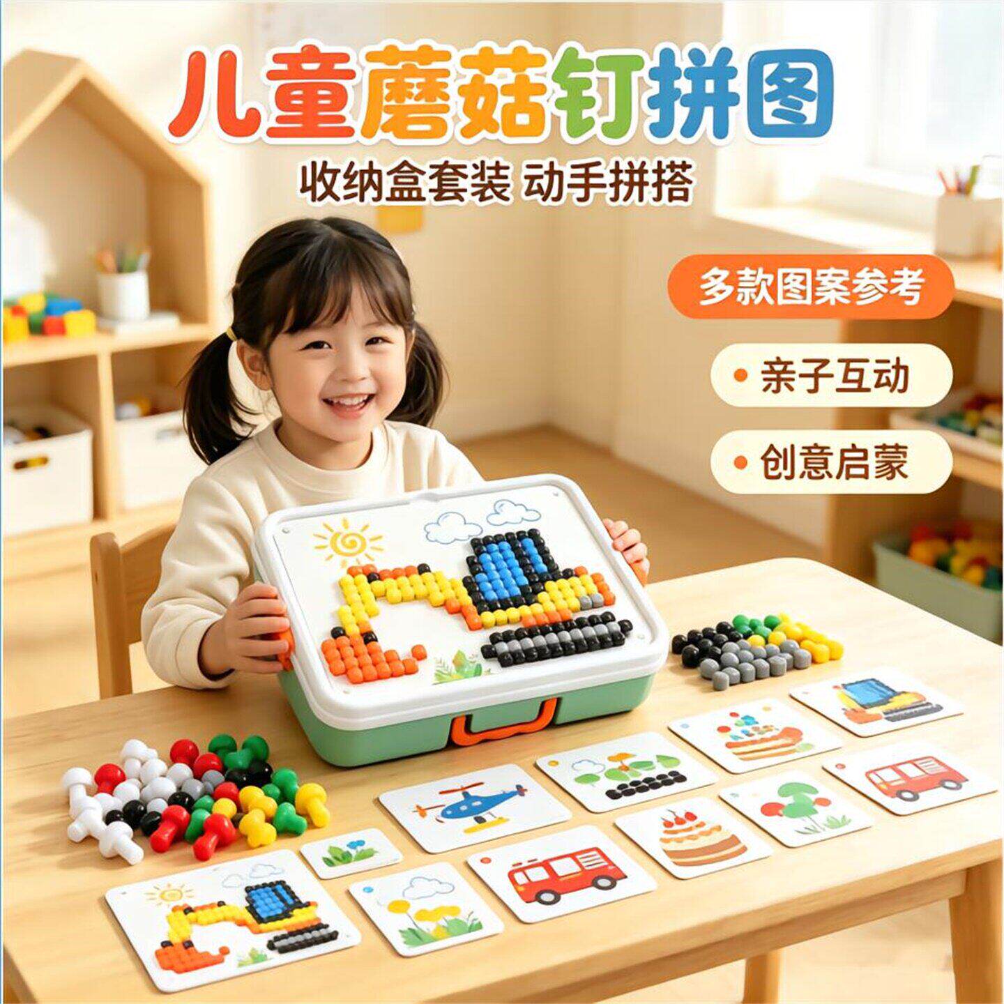 儿童蘑菇钉拼图3D立体插插乐DIY创意早教益智玩具训练专注力积a9