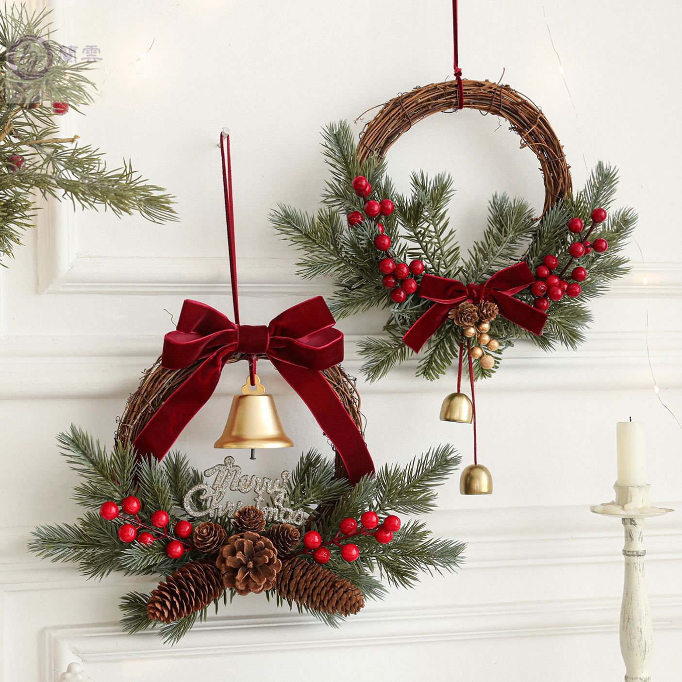 新款圣诞藤编花环铃铛蝴蝶结