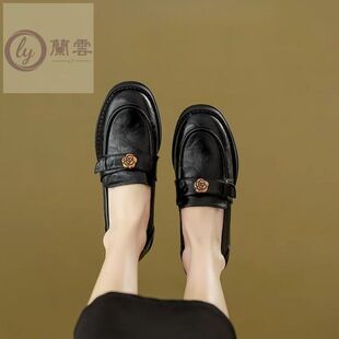 软羊皮~山茶花手工软底乐福鞋女2025新款春秋中跟单鞋复古小皮鞋