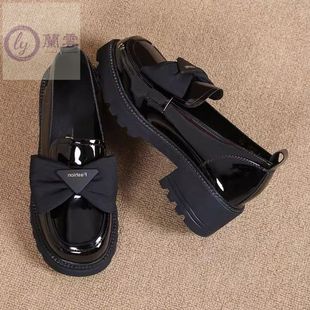 软皮春夏季新款乐福鞋漆皮蝴蝶结单鞋女粗跟厚底英伦风百搭小皮鞋