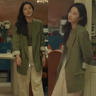 薄 外套女2024春夏新款 春色寄情人周雨彤庄洁同款 绿色棉麻西装