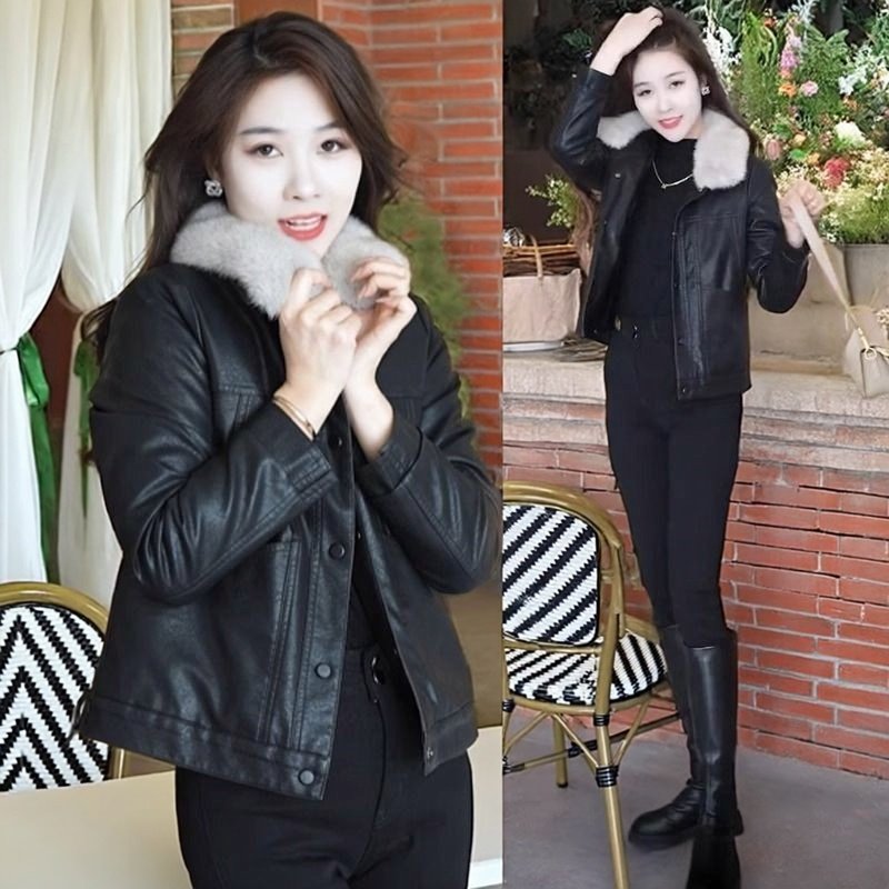 女皮衣外套加绒加厚新款爆款保暖防寒可拆卸毛领皮夹克修身型短款