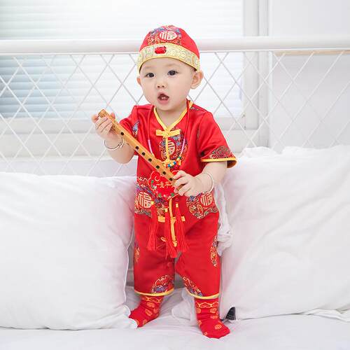 粉顶果鸠宝宝婴儿唐装夏抓周岁礼服男夏爬爬服哈衣满月百岁连体衣