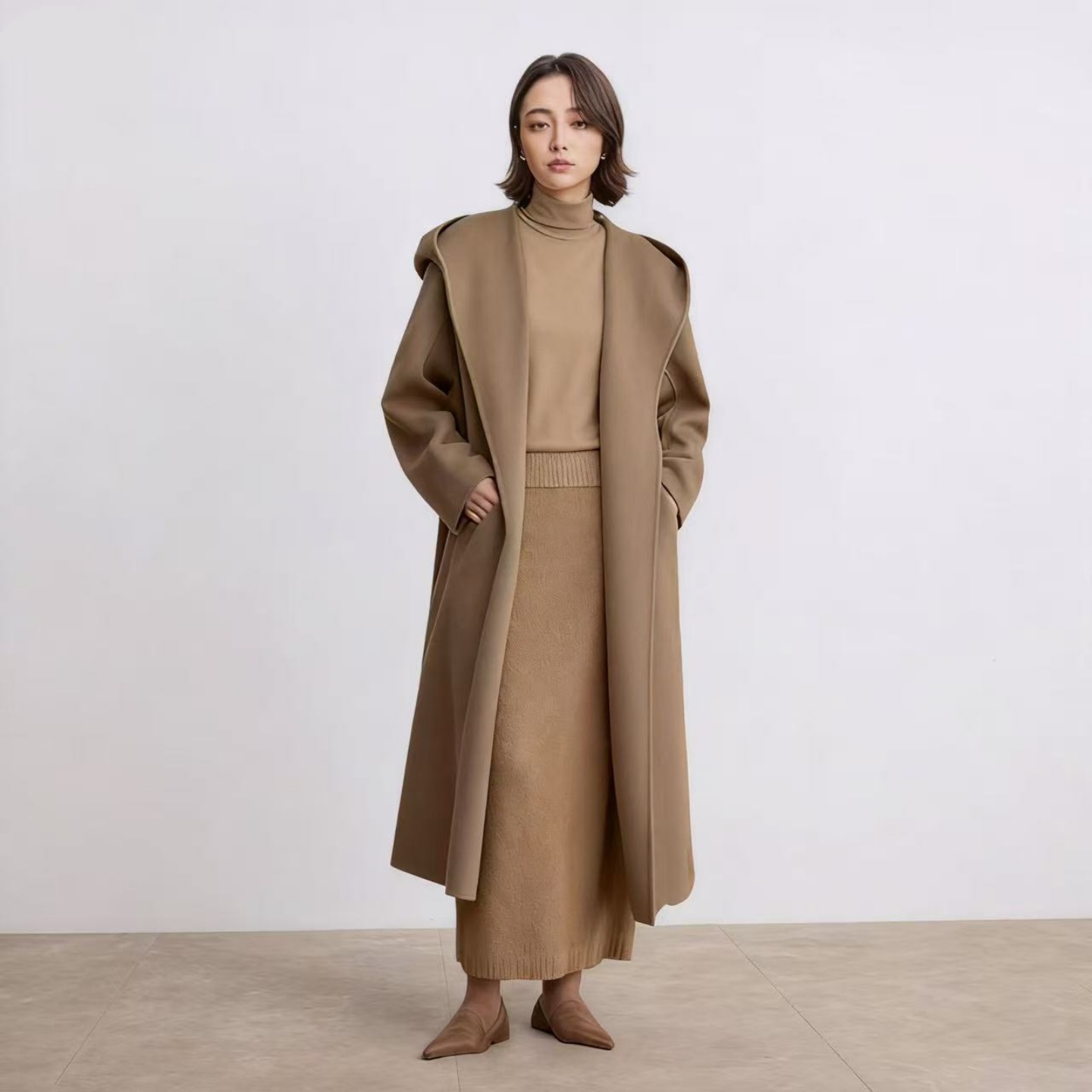 连帽斗篷羊毛双面毛呢大衣外套女