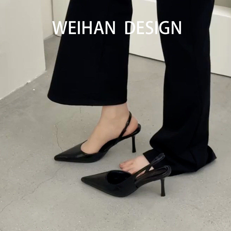 羊皮版！法式性感尖头细跟高跟鞋女黑色通勤一字带包头凉鞋单鞋