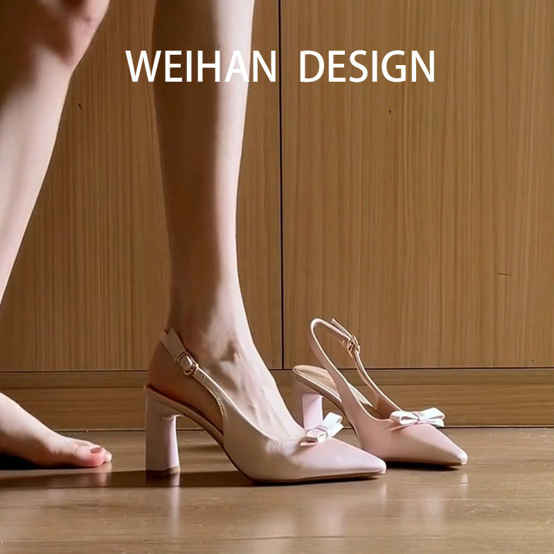 羊皮版！法式甜美风尖头高跟鞋粗跟包头后绊带百搭蝴蝶结高跟凉鞋