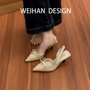 羊皮版!法式尖头蝴蝶结包头凉鞋女绒面高跟鞋一字带名媛编织单鞋