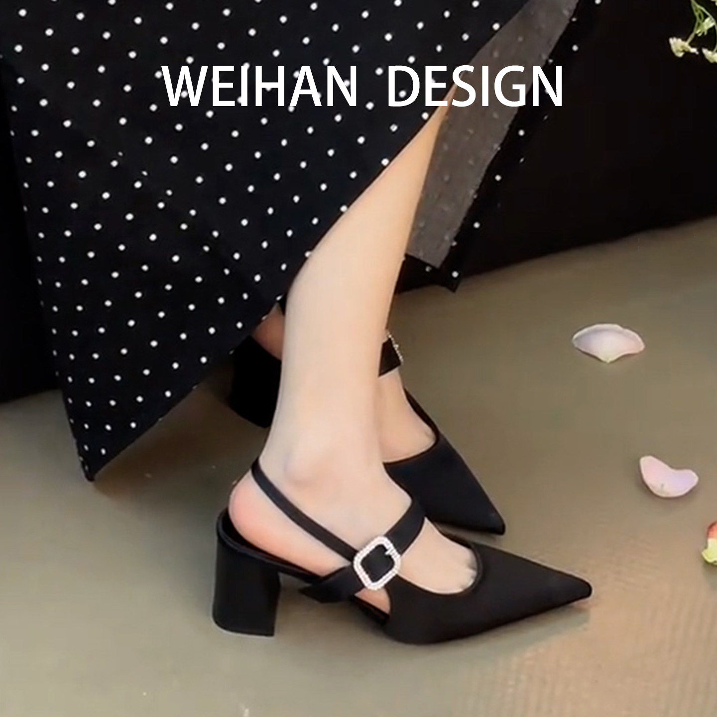 羊皮版！性感尖头绸缎粗跟凉鞋女夏季新款包头水钻皮带扣高跟单鞋