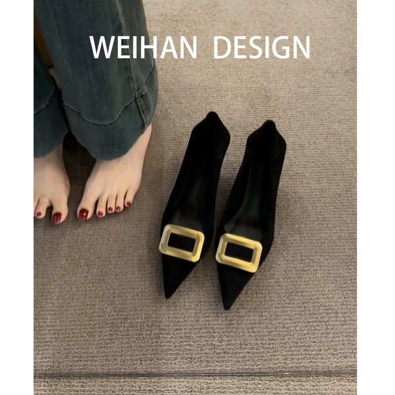 羊皮版！尖头金属方扣高跟鞋女气质黑色通勤法式浅口工作细跟单鞋