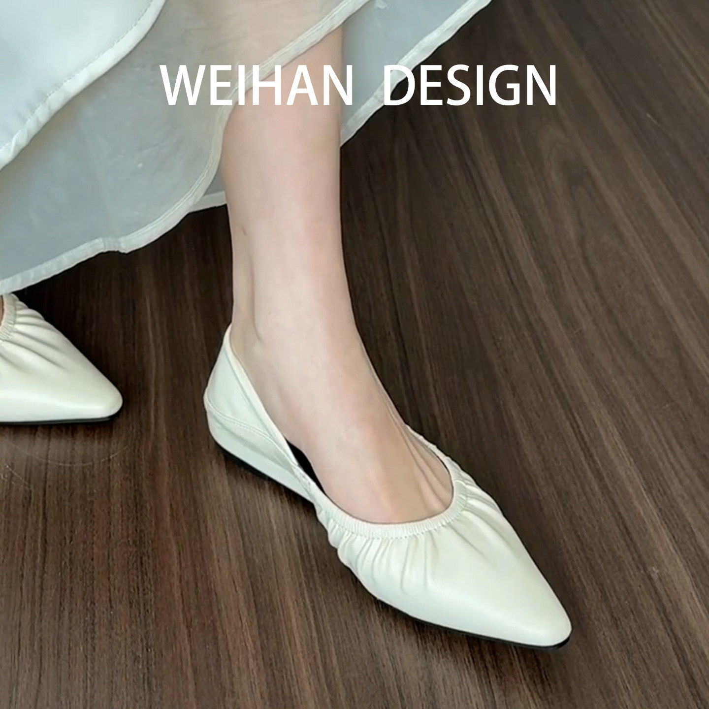 羊皮版！简约尖头浅口平底单鞋女通勤一脚蹬内增高褶皱软皮奶奶鞋