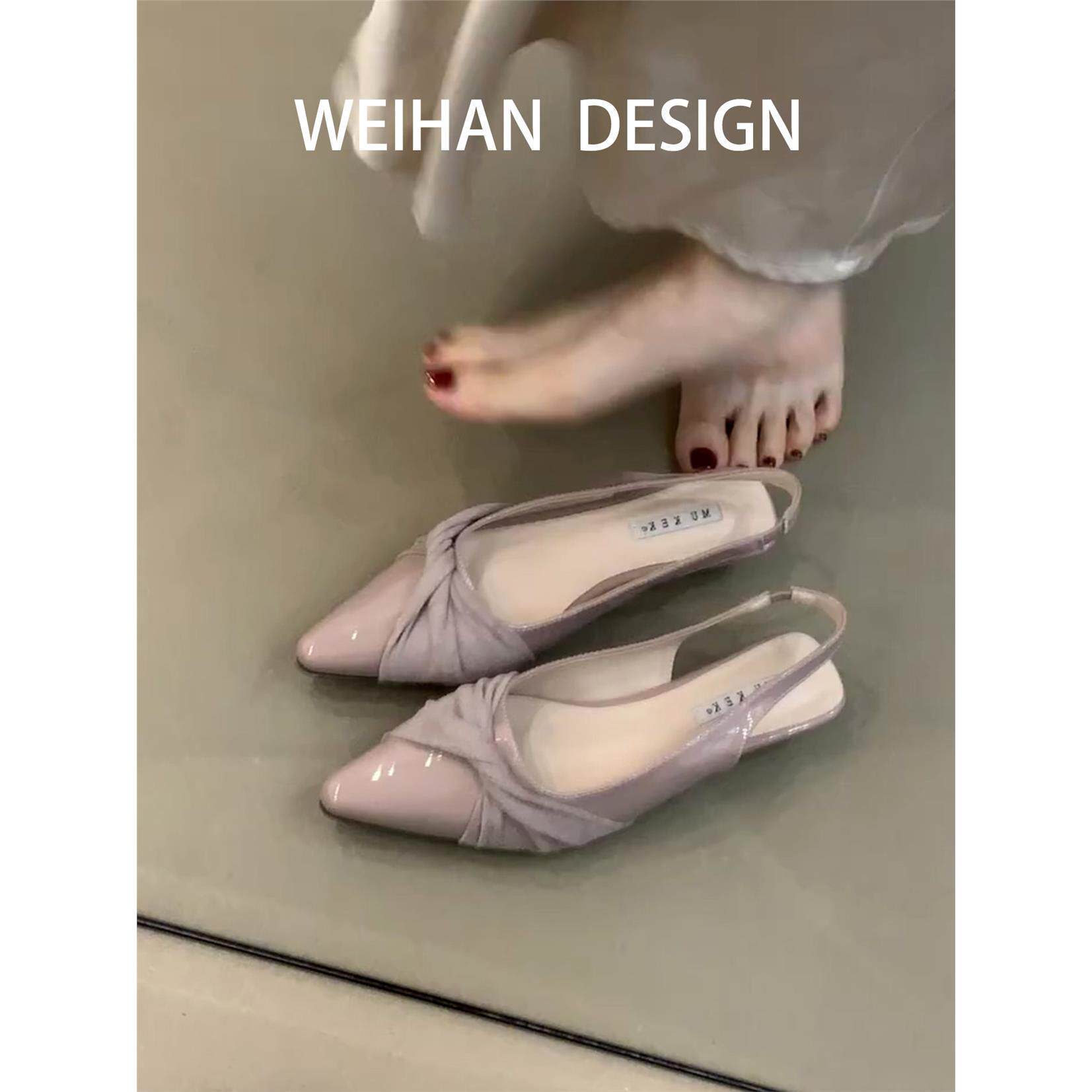 羊皮版！法式绝美坡跟包头凉鞋女平底尖头浅口名媛后绊带气质单鞋