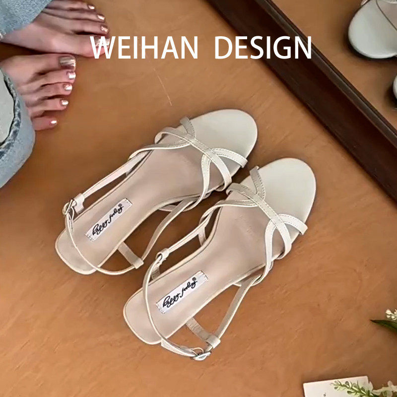 羊皮版！法式清凉感交叉绑带厚底凉鞋女百搭一字带坡跟软底凉鞋