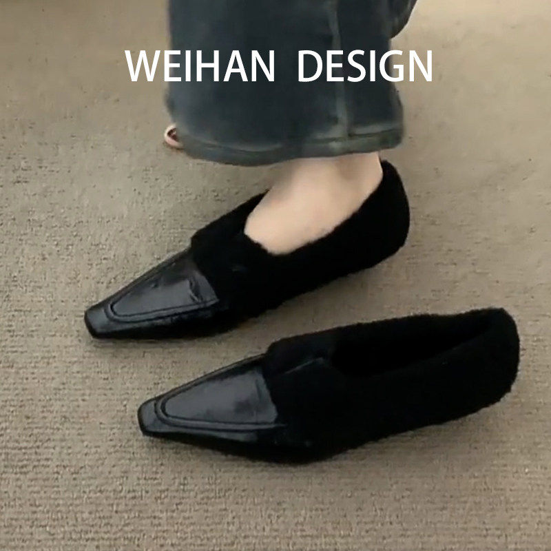 羊皮版！尖头加绒低跟玛丽珍皮鞋小方头毛毛鞋保暖羊毛卷跛跟单鞋