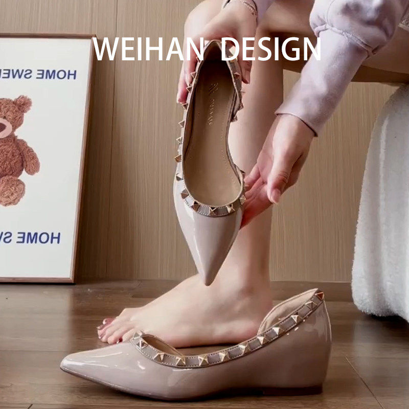 羊皮版！裸色尖头铆钉平底单鞋一脚蹬浅口百搭玛丽珍鞋配裙子瓢鞋