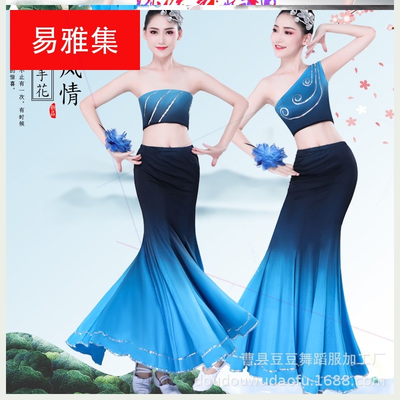 适用傣族舞蹈服成人女孔雀舞表演服装民族舞蹈演出服鱼尾裙练功练