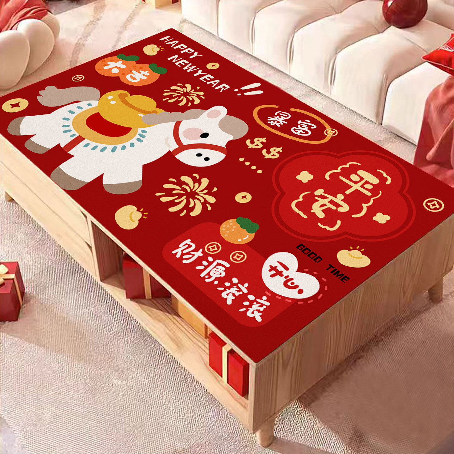 红色卡通桌布2026马年福气满满长方形家居装饰垫防水餐桌垫茶几垫,居家布艺,桌布,淘宝优惠券,粉丝福利购,淘宝优惠卷