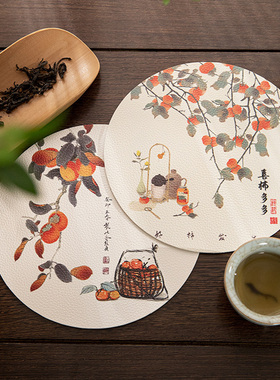 中式水墨风小圆皮革防水防油餐垫可定制一擦及净防烫餐桌杯垫桌垫