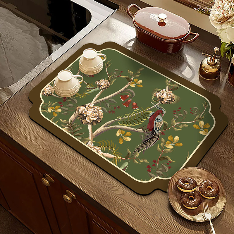 中式花鸟厨房台面沥水垫硅藻泥吸水垫茶台桌面餐具干燥垫茶具垫子