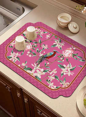 新中式花鸟茶桌吸水速干多功能沥水垫茶席厨房餐桌台面隔热垫桌垫