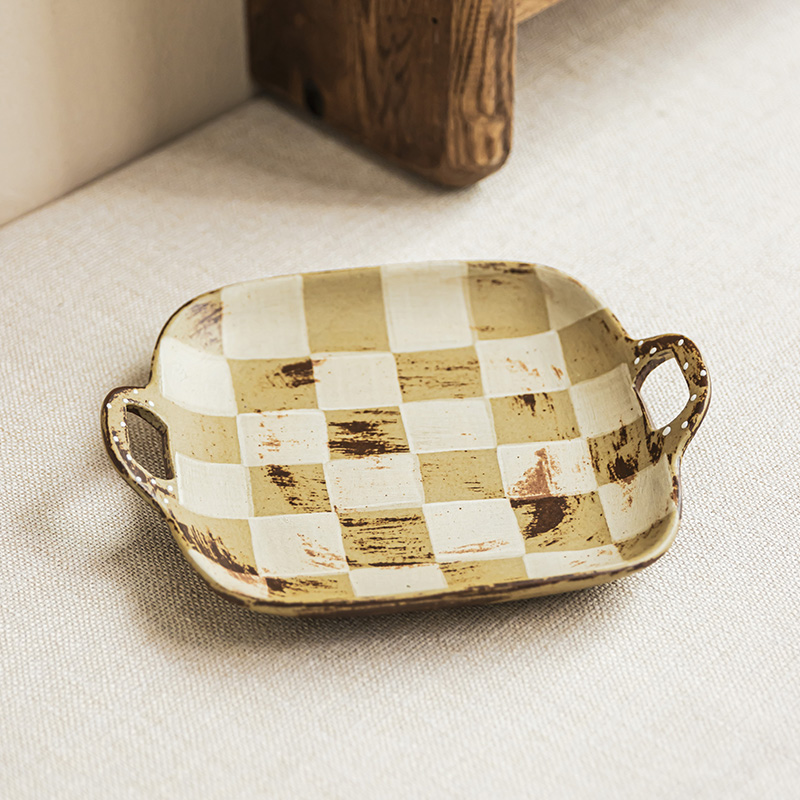 YEHOME田园风粗陶双耳盘马克格