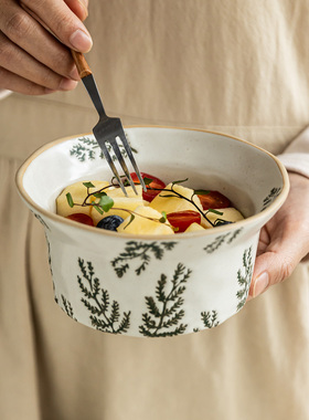 YE HOME 高颜值陶瓷碗家用沙拉碗植物花卉文艺复古碗早餐碗酸奶碗