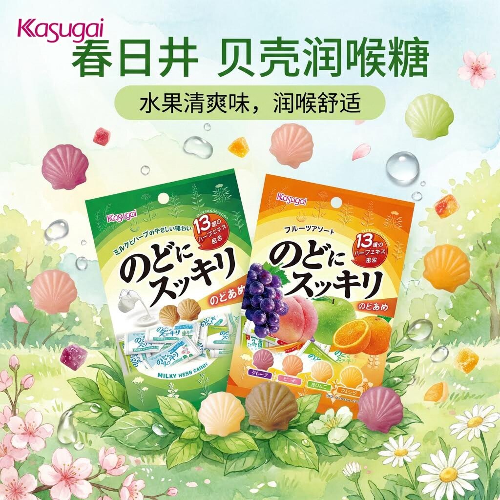 日本进口春日井润喉系列贝壳型含片型澄爽辛辣味晶透牛奶水果草本