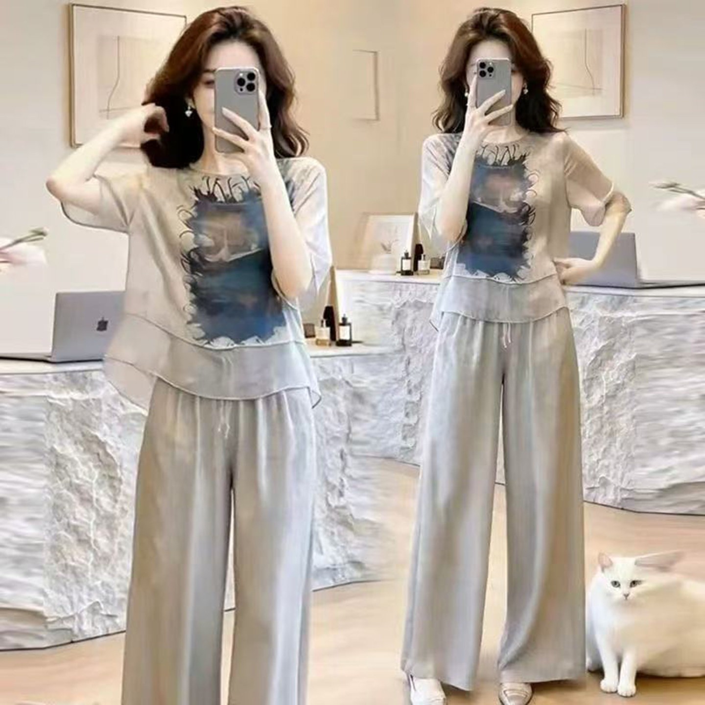 点击率女装夏季新款休闲套装上衣阔腿裤子两件套显瘦圆领印花短a9