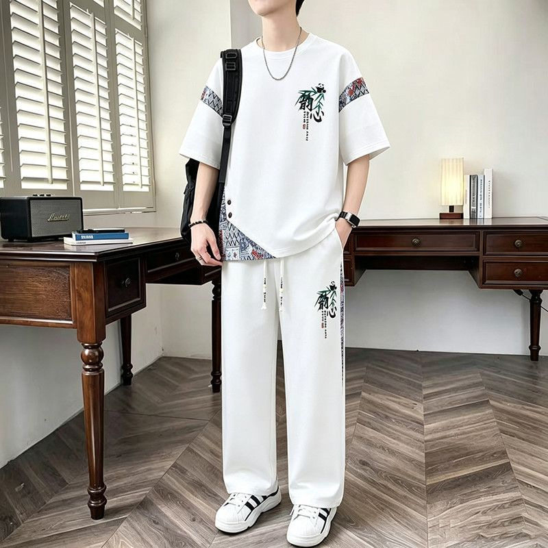荷叶男装新中式国风韵心休闲套装2026夏季男士宽松短袖长裤两件a2