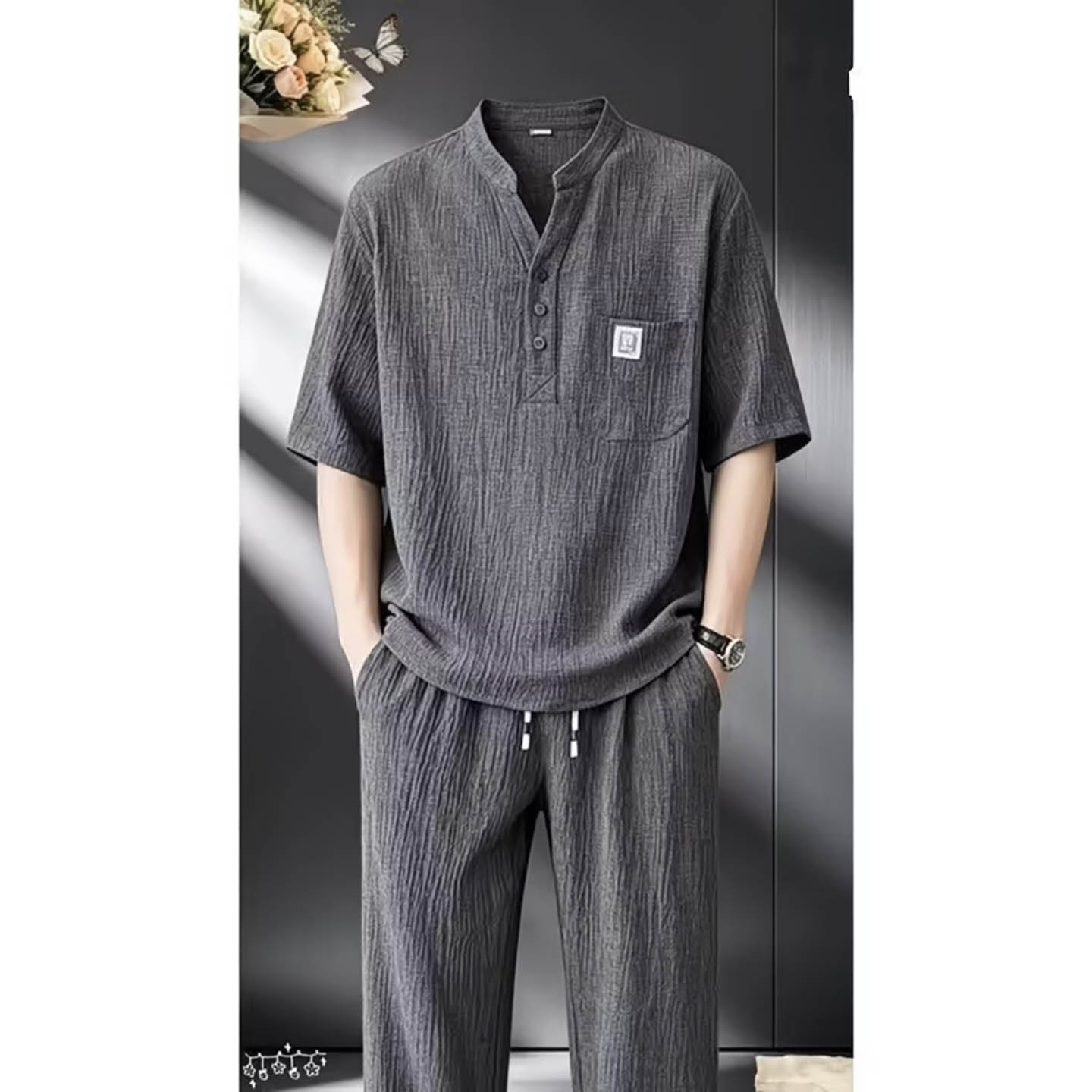 信承男装新中式国风套装冰丝凉感短袖长裤男士V领茶服潮牌两件a1