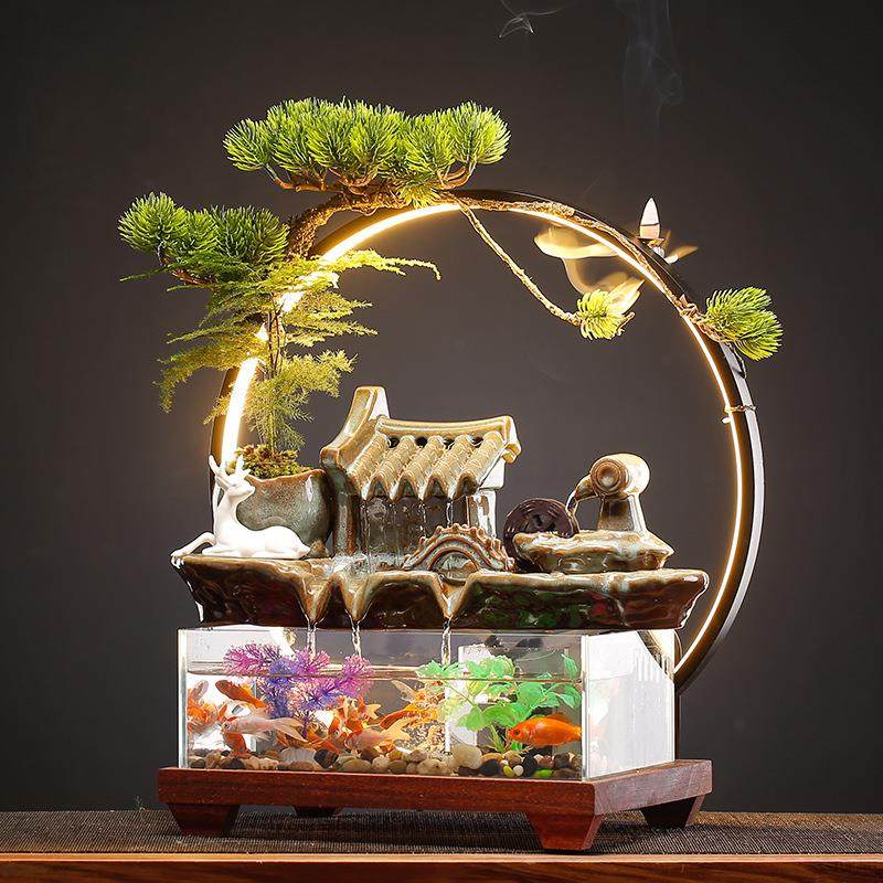 新中式玻璃鱼缸招财流水摆件客厅办公室桌面电视柜装饰品开业礼品,家居饰品,流水摆件,淘宝优惠券,粉丝福利购,淘宝优惠卷