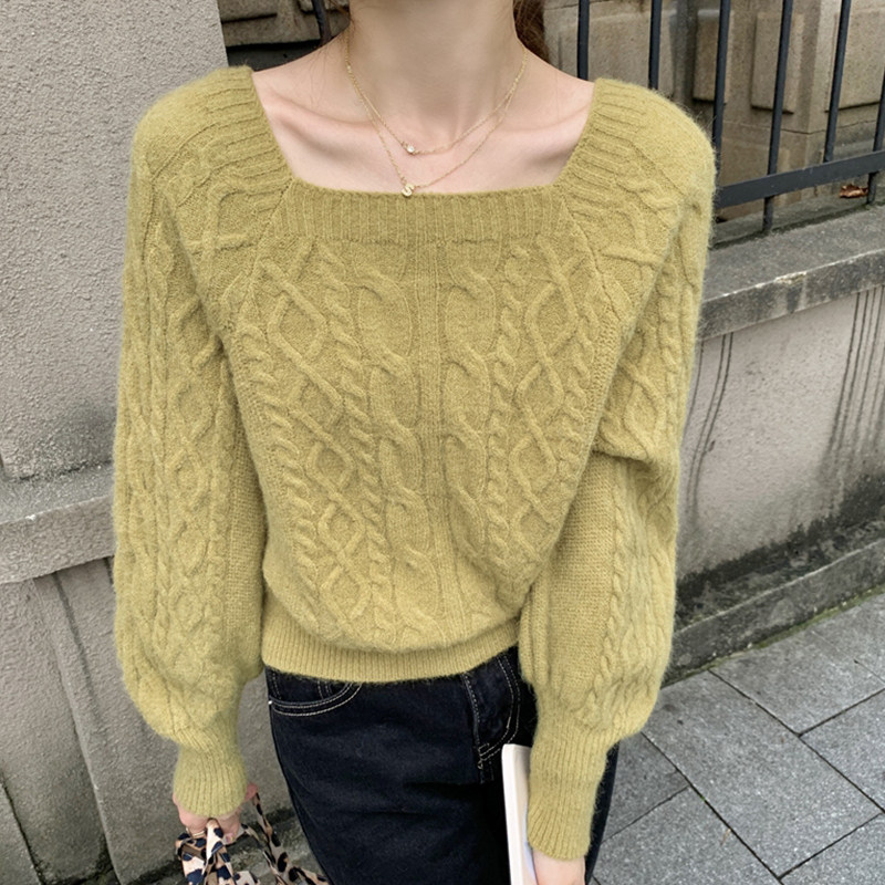 2021秋冬麻花针织衫北极绒厚毛衣女韩版宽松方领个性外穿毛线衣