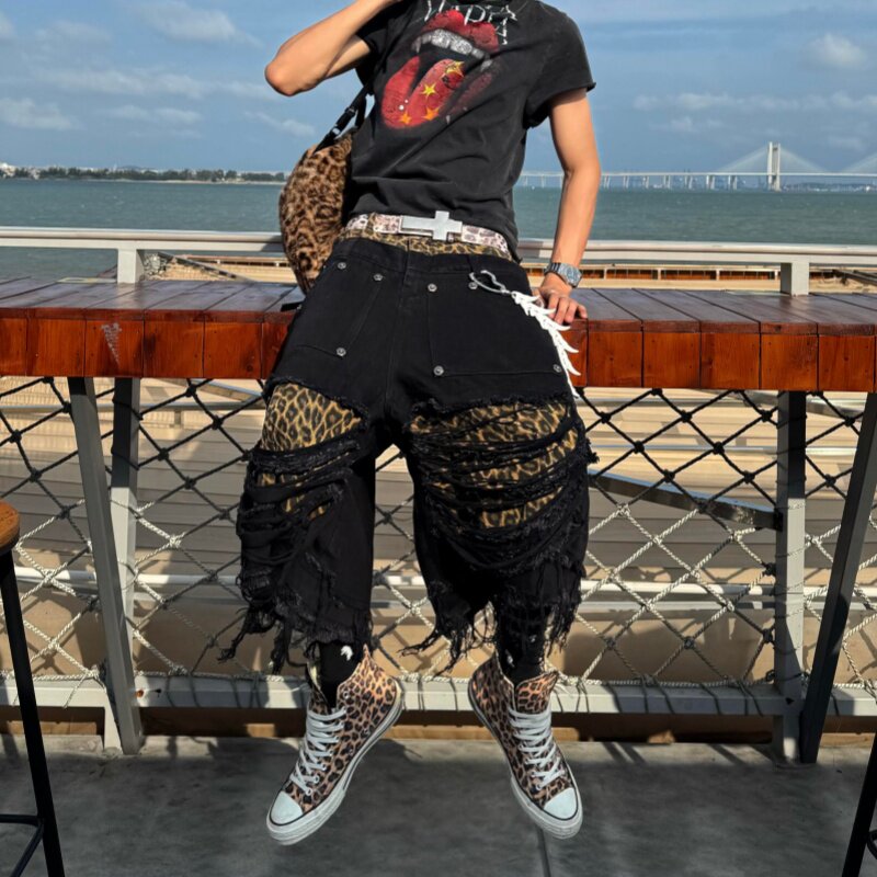 美式水洗拼接双腰头豹纹牛仔七分裤男潮流百搭显瘦宽松阔腿短裤